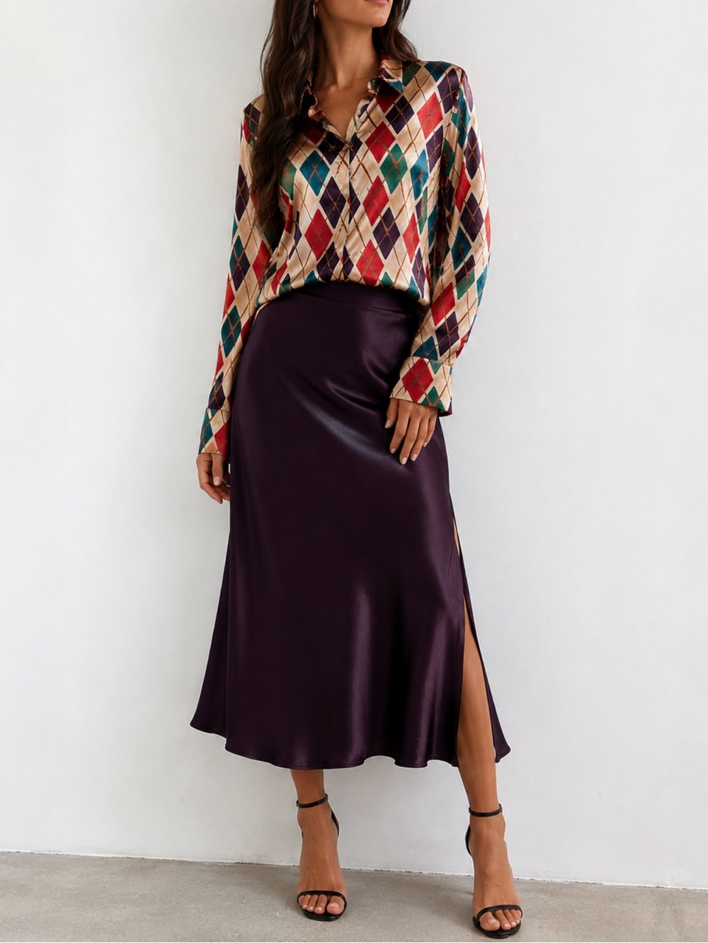 NWT Motel Rocks Argyle Satin Button Down Blouse Size M Y2K Retro Geometric Print